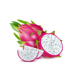 Red dragon fruit, whole fruit and half. Tropical fruits for healthy lifestyle. Realistic 3d Design Element For Web Or Print Packaging.