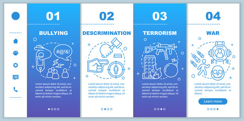 Social violence onboarding mobile web pages vector template. Bullying, discrimination, terrorism, war. Responsive smartphone website interface idea. Webpage walkthrough step screens. Color concept
