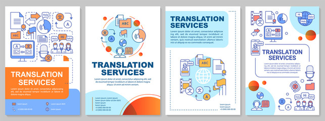 Translation services brochure template layout. Foreign language translation. Flyer, booklet, leaflet print design with linear illustrations. Vector page layouts for magazines, advertising posters