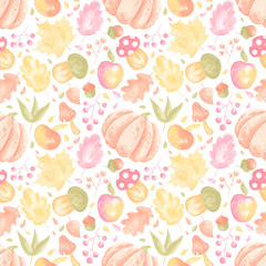 Watercolor pattern with cozy autumn elements, like leaves, apples, pumpkin and other. Collection of elements for party, fall festival or Thanksgiving day. Wrapping paper, fabric, wallpaper