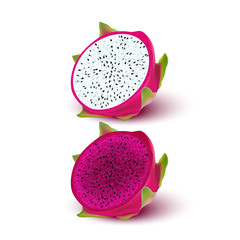 Red dragon fruit, whole fruit and half. Tropical fruits for healthy lifestyle. Realistic 3d Design Element For Web Or Print Packaging.