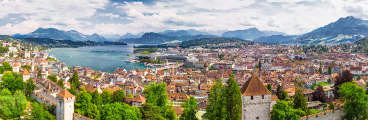 Naklejka na ściany i meble Historic city center of Lucerne with famous Chapel Bridge and lake Lucerne, Switzerland