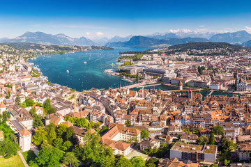 Fototapeta na wymiar Historic city center of Lucerne with famous Chapel Bridge and lake Lucerne, Switzerland