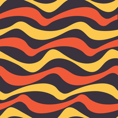 Graphic wavy 70's seamless pattern in yellow, orange and black. Groovy waves in horizontal stripes have a surf vibe. Great for beachwear, posters, graphic design projects and textiles. Vector.