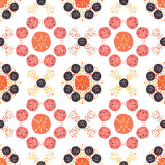 Layered sand dollar seamless pattern in orange, coral and pink. Mosaic style, great for beach wedding decorations, spa and resort fashion, textiles, beachy accessories. and beach house decor. Vector.