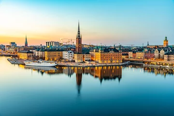 Stickers pour porte Bleu clair Vue du coucher de soleil de Gamla stan à Stockholm depuis l& 39 île de Sodermalm, Suède