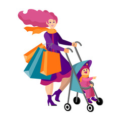 Beautiful young mother with a baby in a stroller is shopping at the seasonal sale. Isolated object on white background