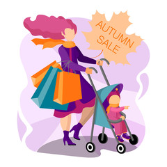 Beautiful young mother with a baby in a stroller is shopping at the seasonal sale.Concept of a flyer, web banner, landing pages, ads, apps