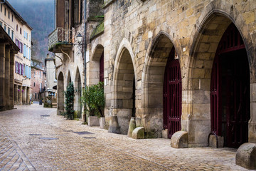 Saint-Antonin-Noble-Val, France - January 08, 2013: houses, streets, river and architecture of the village - 286202269