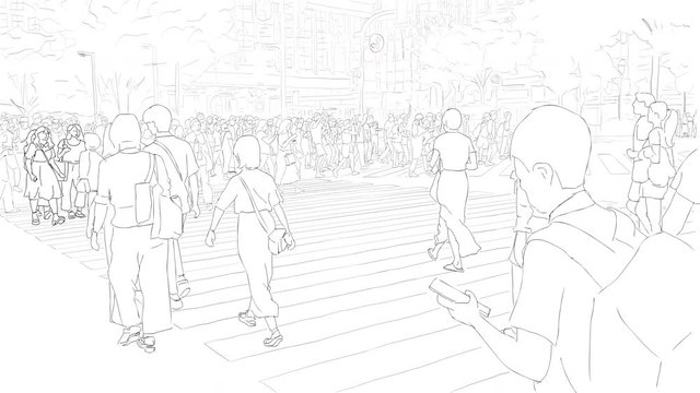 Cute hand drawn animation. The famous Shibuya Crossing intersection in Tokyo, Japan, where more than two million people cross daily. Stylish young women skip across the intersection. With background.