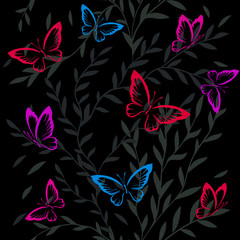 The seamless background is graceful twigs with butterflies. Vector
