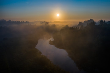golden morning fog over the river