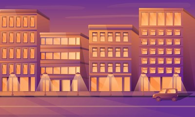Cartoon empty city street with buildings in the morning, vector illustration.
