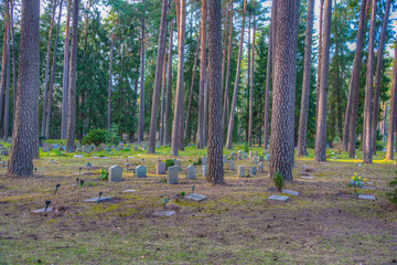 Tombstones at the Skogskyrkogarden, Unesco-listed cemetery, in Stockholm, Sweden
