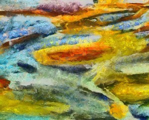Close up oil paint abstract background. Art textured brushstrokes in macro. Part of painting. Old style artwork. Dirty watercolor texture. Modern pattern. Chaotic splashes. Multi-colors design.
