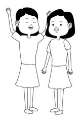 Teenagers friends smiling and greeting cartoons in black and white