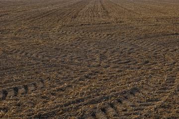 Close up top view of tire pattern from heavy tractor wheel mark trail on agricultural soil.