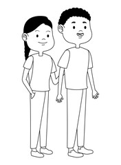 Teenagers friends smiling and greeting cartoons in black and white