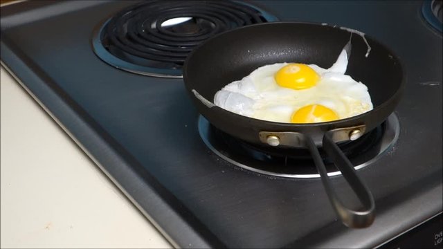person frting egg in pan
