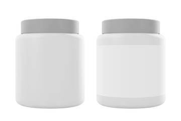 White plastic jar with cap and lable. Realistic vector protein mockup. Design template.