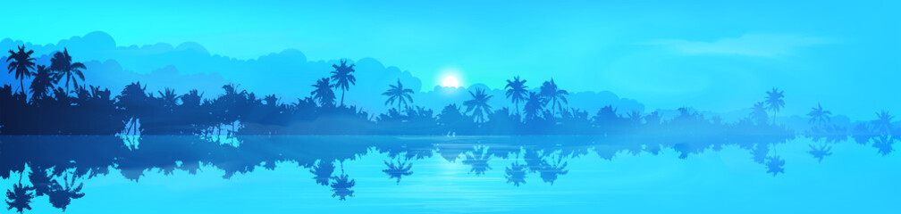 Fototapeta na wymiar Dark palm trees silhouettes with water reflection in fog, blue vector tropical banner background