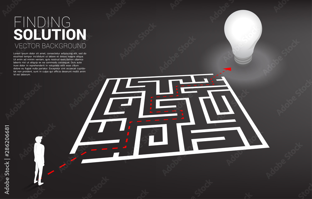 Poster Silhouette of businessman with route path to exit the maze to light bulb. Business concept for problem solving and finding idea.