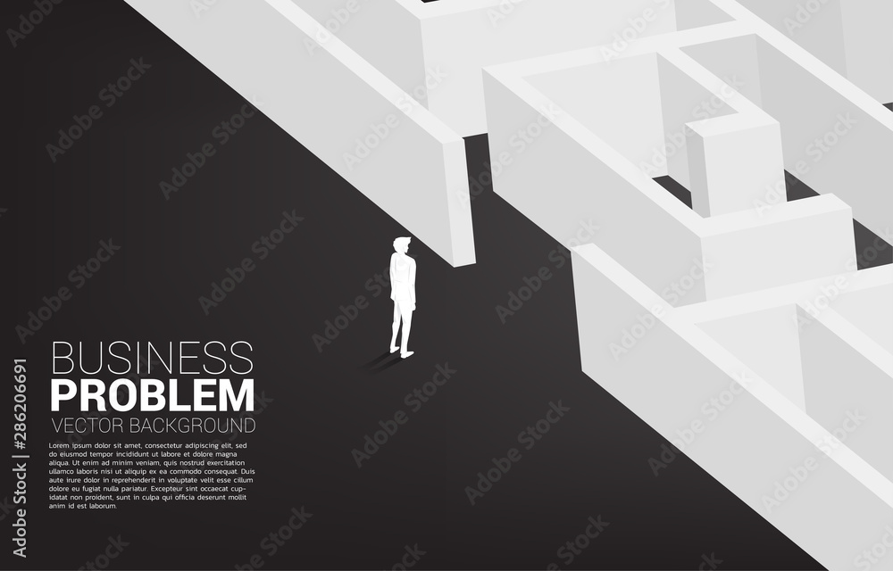 Poster silhouette of businessman ready to enter to maze. business concept for problem solving and solution 