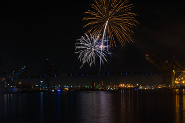 Pre holiday fireworks over the Vincent Thomas Bridge in San Pedro, CA 