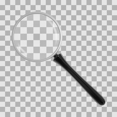 Realistic magnifying glass with transparent lens and black glossy handle. Vector illustration.