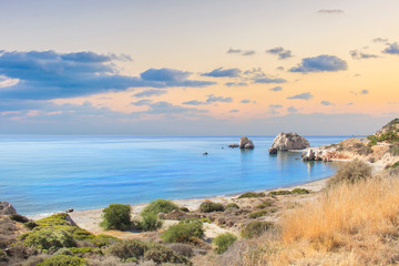 Beautiful view of the birthplace of Aphrodite in Cyprus. Petra tu Romiou, Stone of Aphrodite