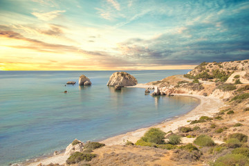 Beautiful view of the birthplace of Aphrodite in Cyprus. Petra tu Romiou, Stone of Aphrodite