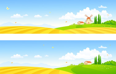 Vector farm banners with a windmill and fields