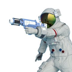 astronaut is walking with a laser gun