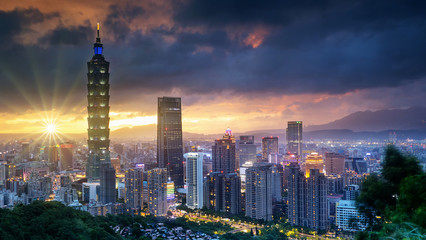 Color cityscape with skyscraper and buildings under blue sky in night in Taipei Taiwan