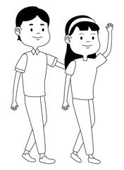 Teenagers friends smiling and greeting cartoons in black and white