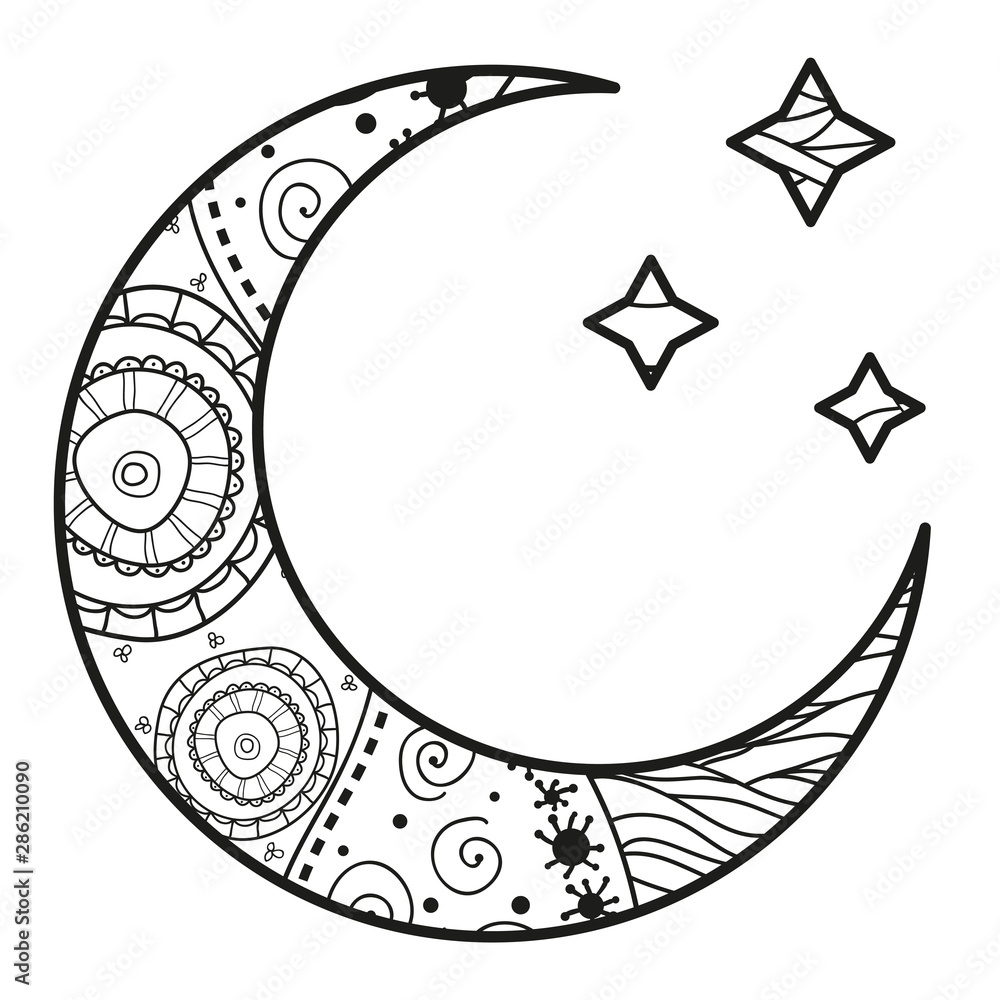 Sticker crescent moon with stars with abstract patterns on isolation background. design for spiritual relaxa