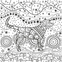 Abstract dog on pattern. Hand drawn waved ornaments on white. Intricate patterns on isolated background. Design for spiritual relaxation for adults. Black and white illustration