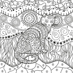 Abstract square pattern with ornate cat. Hand drawn patterns on isolation background. Design for spiritual relaxation for adults. Black and white illustration