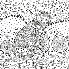 Ornate cat on pattern. Hand drawn abstract patterns on isolation background. Design for spiritual relaxation for adults. Black and white illustration for anti stress colouring page