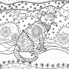 Abstract square pattern with ornate cat. Hand drawn patterns on isolation background. Design for spiritual relaxation for adults. Black and white illustration