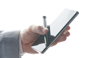 Hand hold smartphone with touch pen