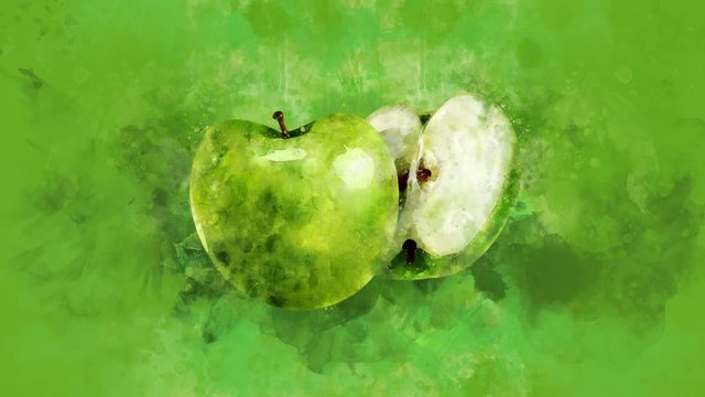 The appearance of the green apple on a watercolor background.