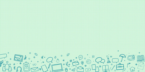 Abstract checkered pattern with school supplies. Graphic paper background. Back to school. Hand drawn elements