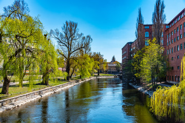 Residential building at riverside of Motala strom river in Norrkoping, Sweden