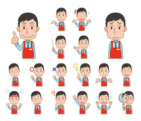 店員　スーパーマーケット　エプロン　男性　ポーズ　セット