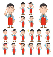 店員　スーパーマーケット　エプロン　男性　ポーズ　セット