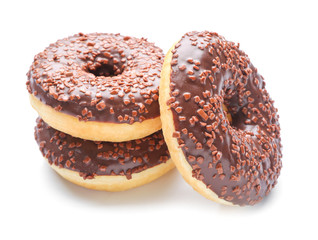 Sweet tasty donuts on white background