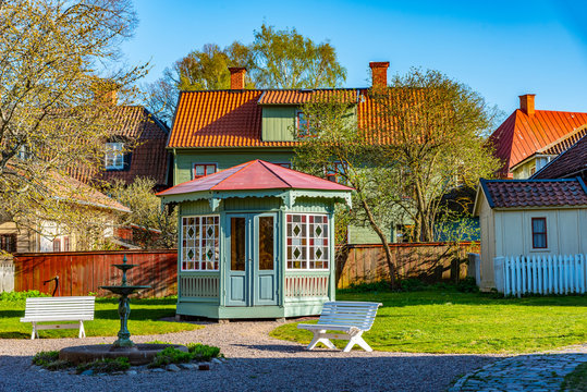 View of traditional timber houses in the old town Gamla Linkoping, Sweden
