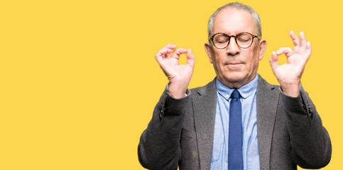 Handsome senior businesss man wearing glasses and tie relax and smiling with eyes closed doing meditation gesture with fingers. Yoga concept.