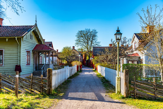 View of traditional timber houses in the old town Gamla Linkoping, Sweden